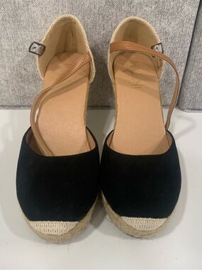 Refresh Black Espadrille Wedges with Tan Ankle Straps